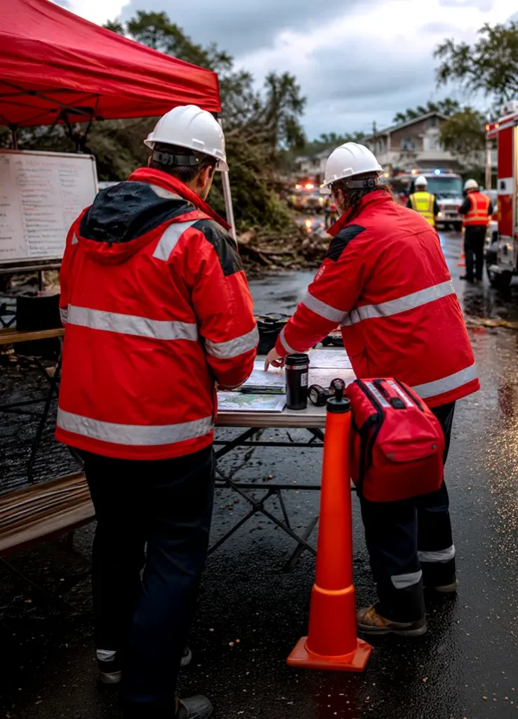 Emergency tarp covering storm-damaged structure during active disaster response and recovery operations
