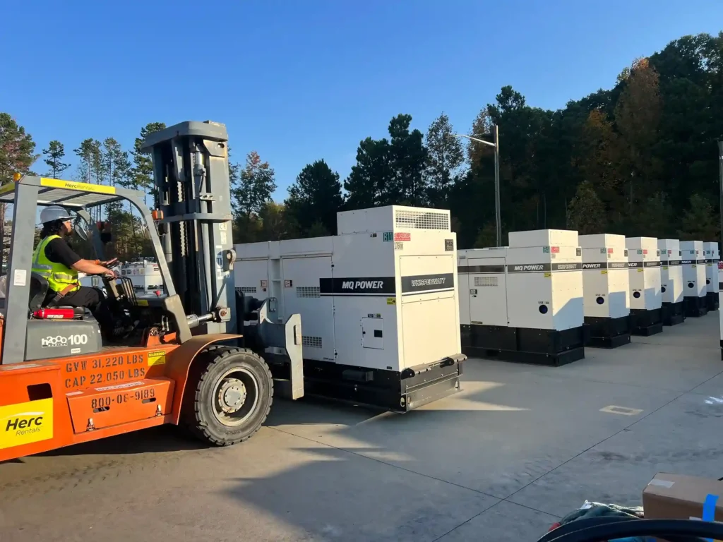 Emergency power staging area prepared for rapid generator deployment to a disaster zone