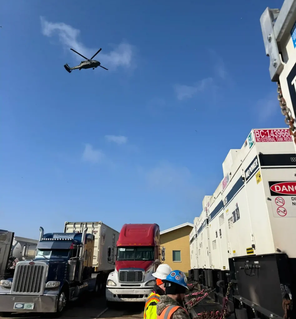 Aerial view of emergency warehouse and logistics staging area supporting a disaster response operation