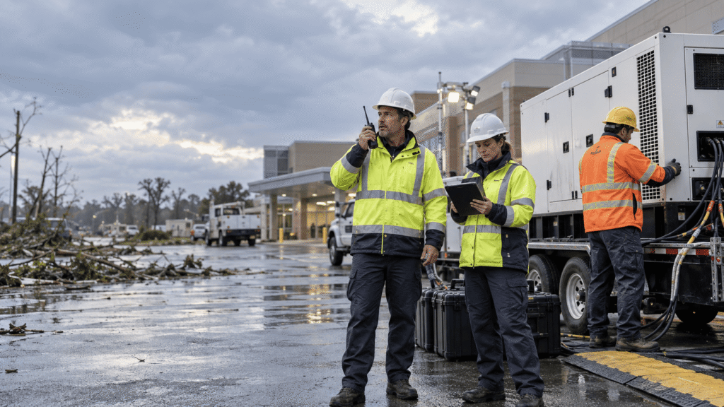 Emergency response personnel coordinating field communications during a disaster deployment. Show less