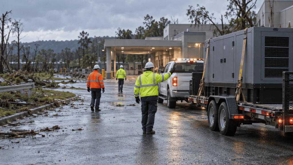 Emergency response personnel guiding critical equipment through a disaster site access route.