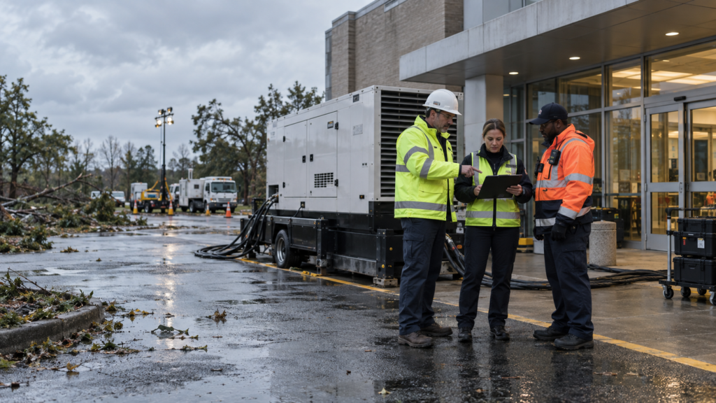 Emergency response personnel guiding critical equipment through a disaster site access route.