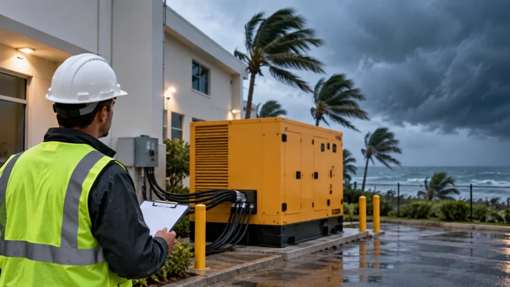 Emergency power planning with a backup generator prepared for hurricane conditions