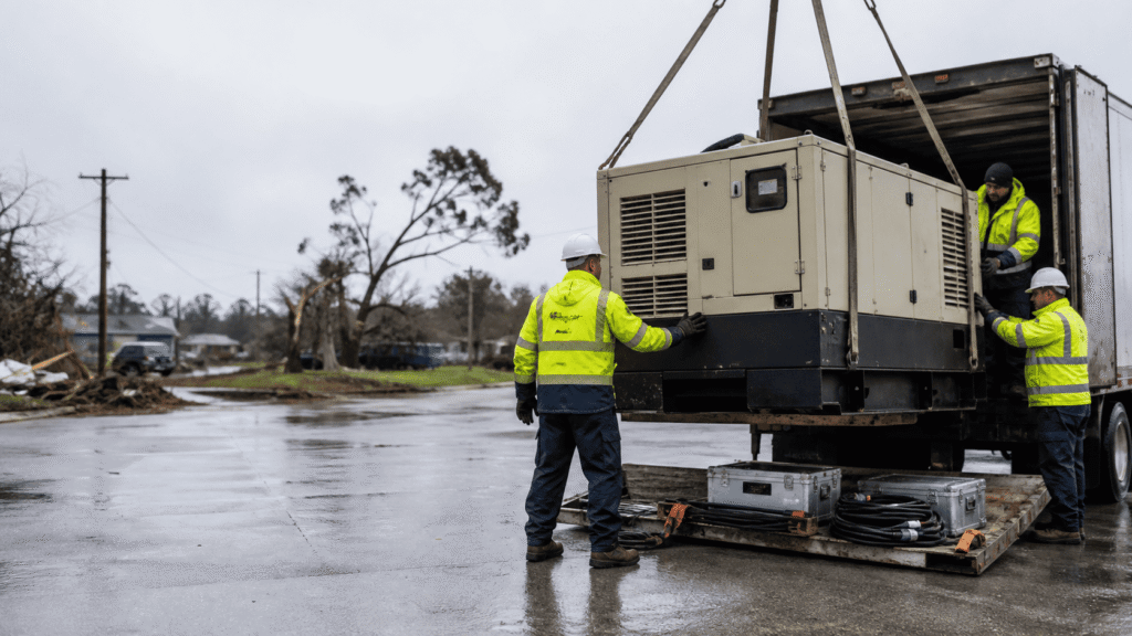 It uses a realistic documentary style showing emergency personnel unloading a temporary generator after a storm, with no logos, text, or invented agency branding.