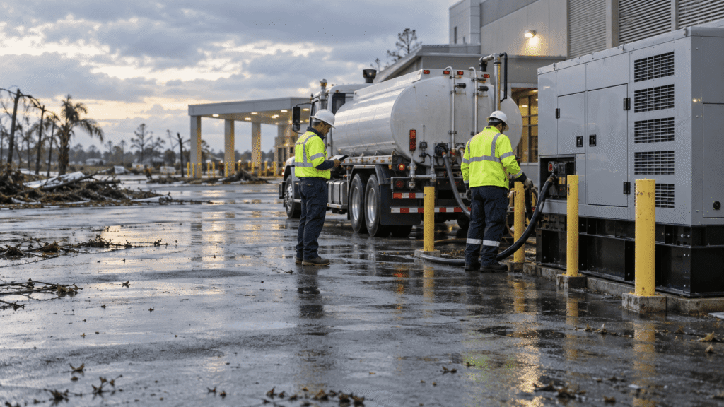 Emergency response personnel coordinating fuel delivery for a temporary generator at a disaster site.