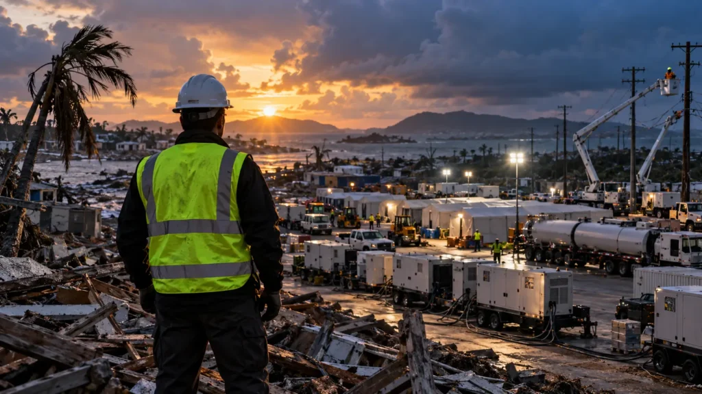 Alt text: Storm disaster recovery crews restoring power and infrastructure at a damaged coastal community after a hurricane.