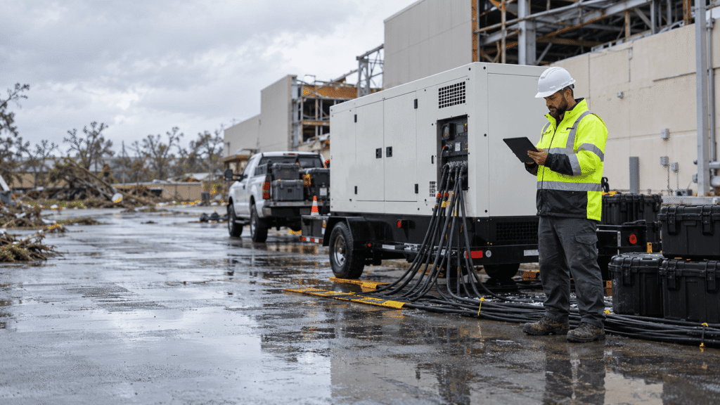 Emergency response worker documenting temporary power operations at an affected facility.