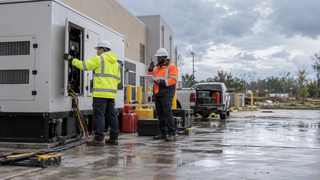 Two technicians coordinating temporary generator maintenance at a storm-affected facility.